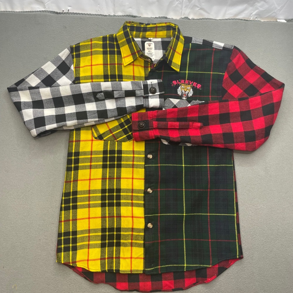 Detroit Sleeves Men Mixed Plaid Tiger Embroidered Flannel Shirt L Streetwear